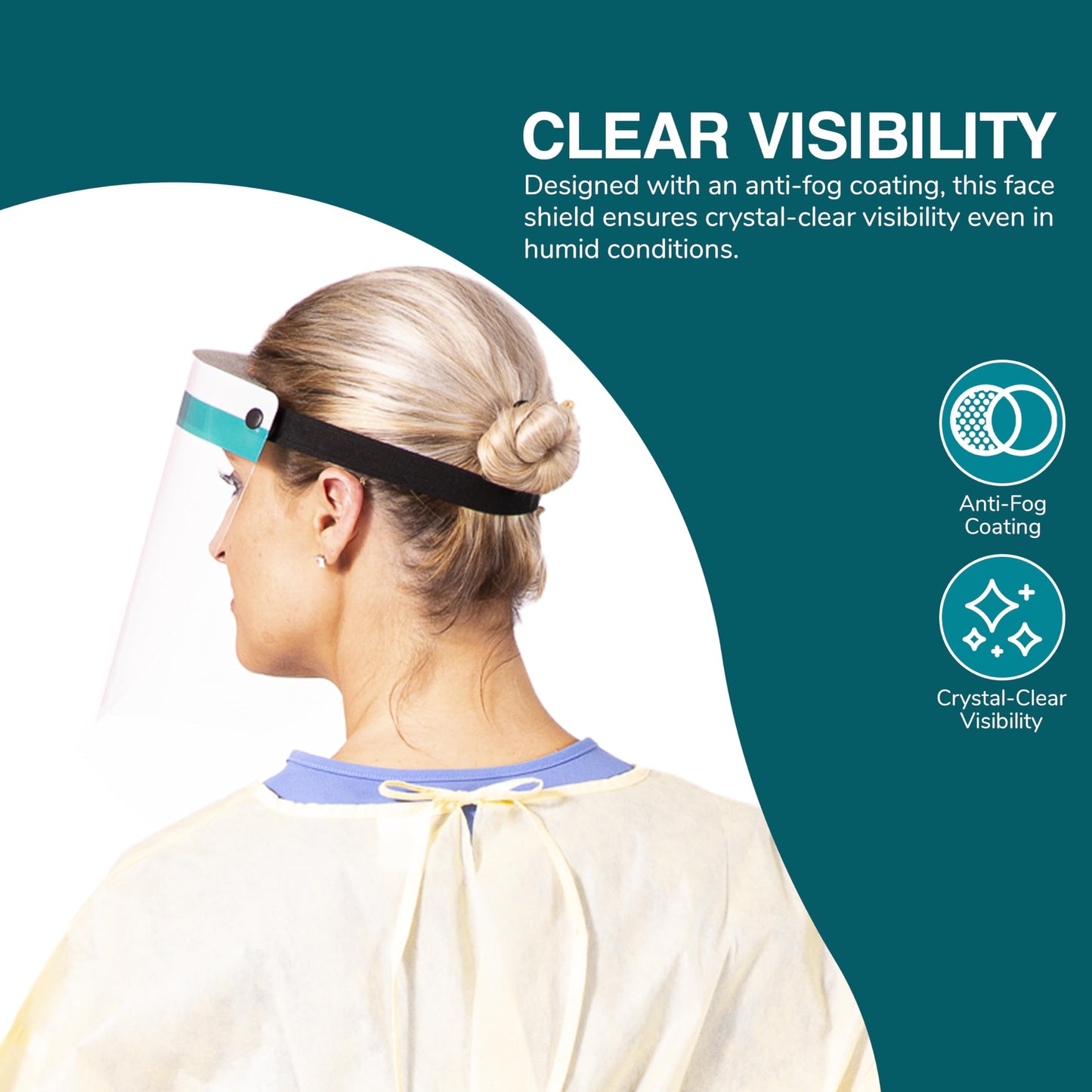 Anti-Fog Face Shield with Full-Length Lens Foam Head Protection Latex Free with Elastic Head Band (Pack of 96)