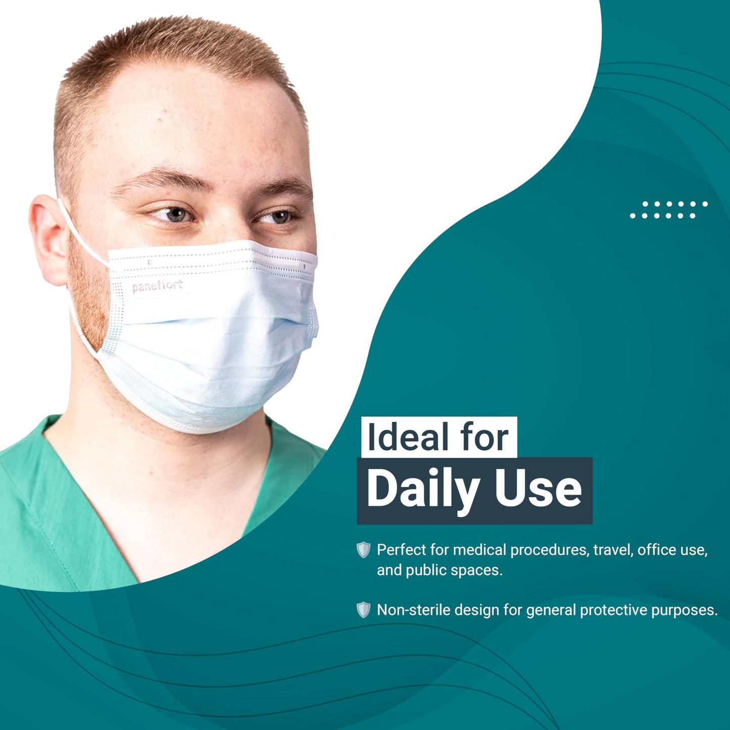 Paneffort Premium Disposable Face Masks, Comfortable 3-Ply Protection with Adjustable Nose Piece, Breathable, Soft, Ideal for Medical, Office, Travel, and Daily Use, One Size Fits Most, Blue