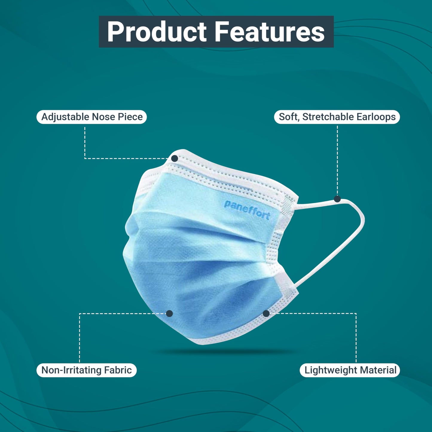 Paneffort Premium Disposable Face Masks, Comfortable 3-Ply Protection with Adjustable Nose Piece, Breathable, Soft, Ideal for Medical, Office, Travel, and Daily Use, One Size Fits Most, Blue