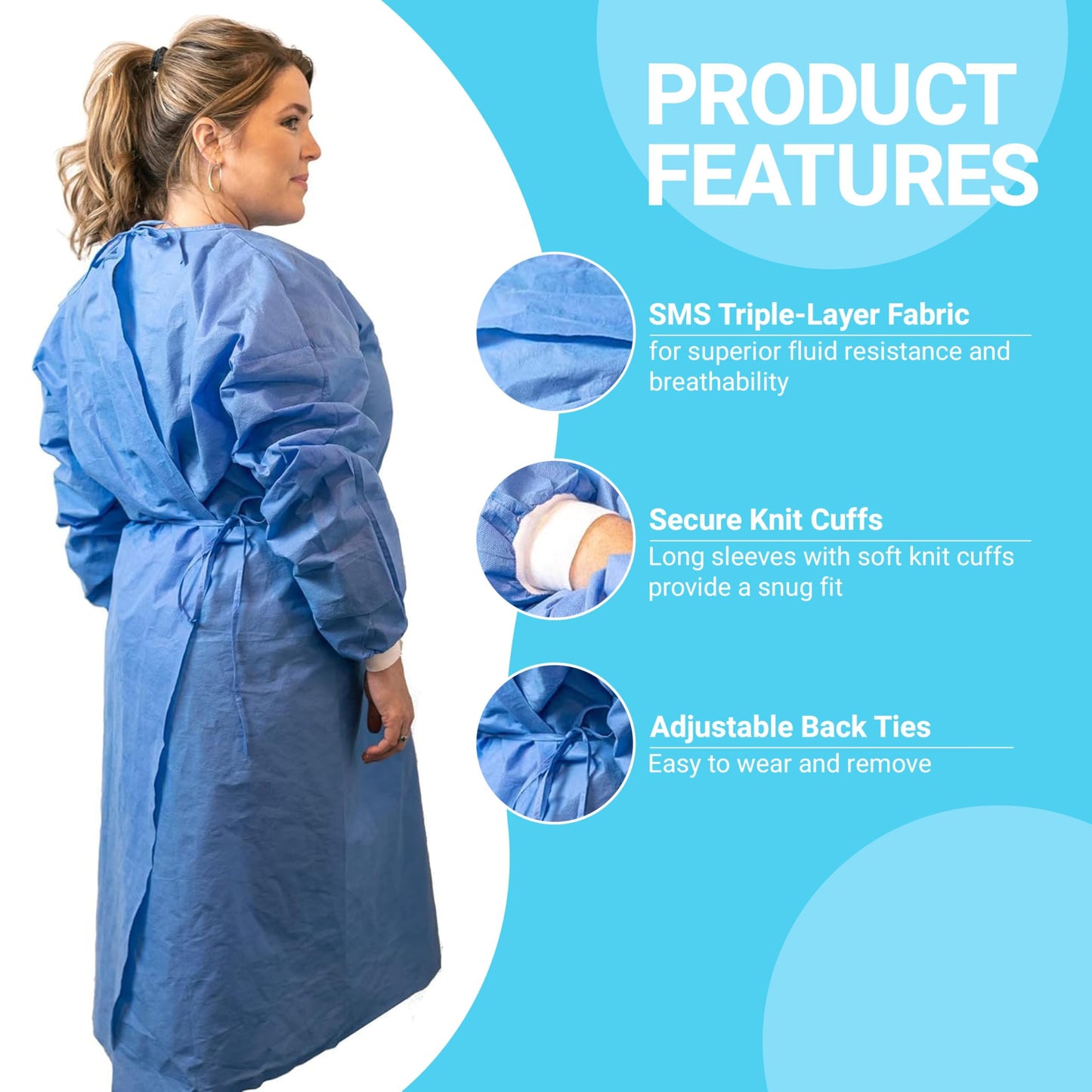 Paneffort Isolation Gowns | 100-Pack | Disposable, Large, Blue SMS, Long Sleeves with Knit Cuffs, Waist & Neck Ties | Residential, Commercial, Medical, Dental, Lab, & Hospital Use
