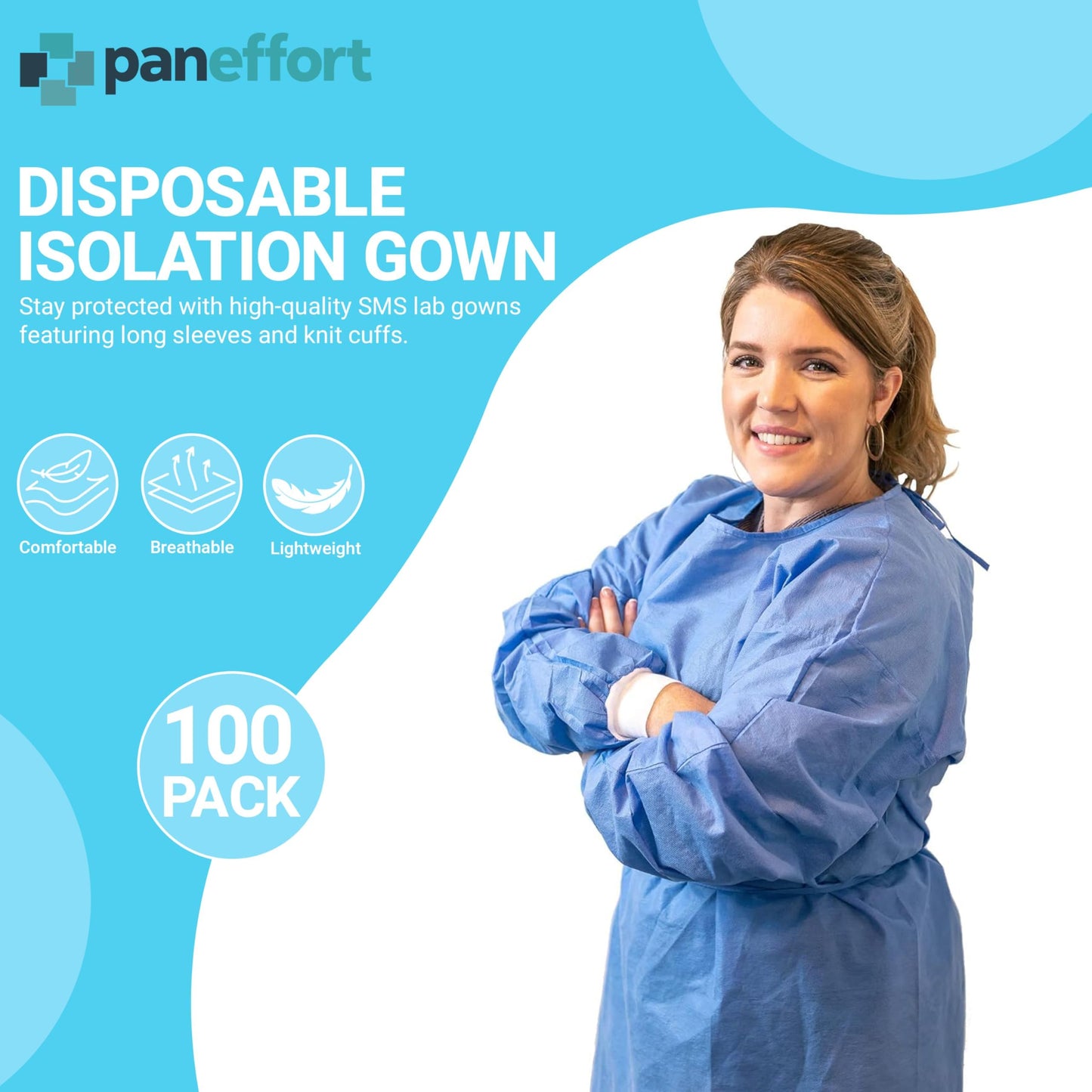 Paneffort Isolation Gowns | 100-Pack | Disposable, Large, Blue SMS, Long Sleeves with Knit Cuffs, Waist & Neck Ties | Residential, Commercial, Medical, Dental, Lab, & Hospital Use