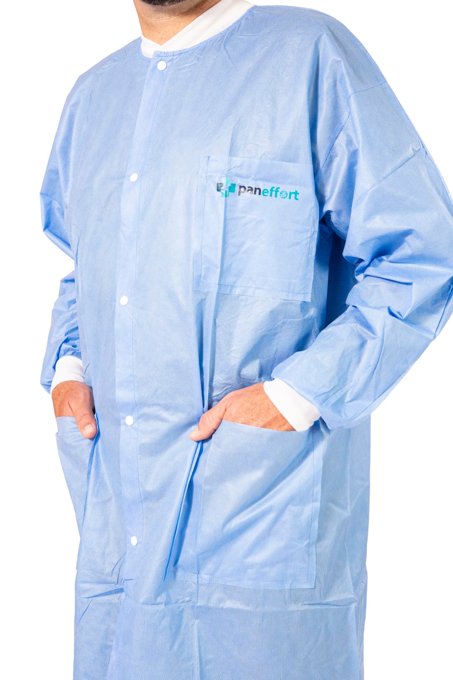 Paneffort Disposable Lab Coats | 100-Pack | Disposable, Large, Soft Blue SMS, Long Sleeves with Knit Cuffs, Front Snap Buttons, and Fluid Resistant | Commercial, Medical, Dental, Lab, & Hospital Use