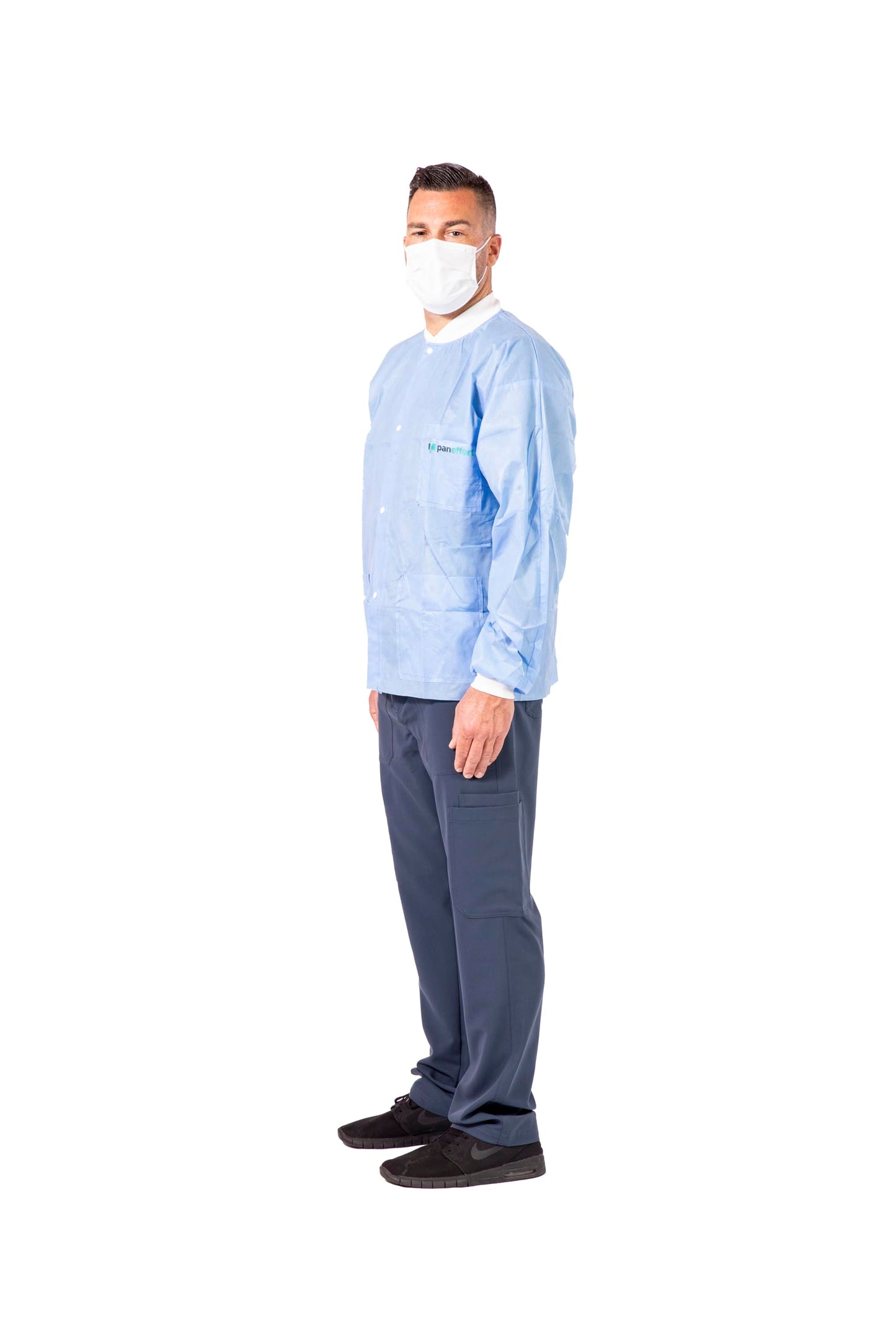 Paneffort Disposable Lab Jacket Snap Front Buttons Knit Cuffs & Collar Blue (Case of 100)