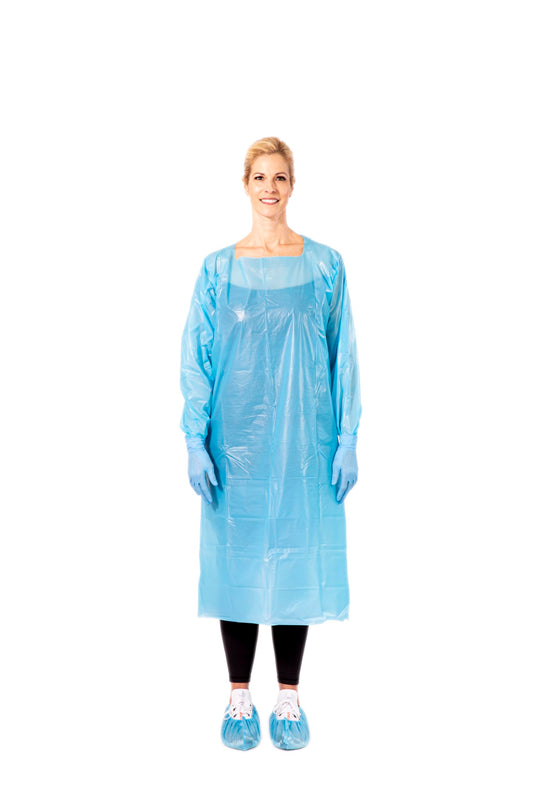 Disposable Lightweight Gown Blue Universal Size Polyethylene Long Sleeve Thumb Loops Long Sleeves 200 Pack
