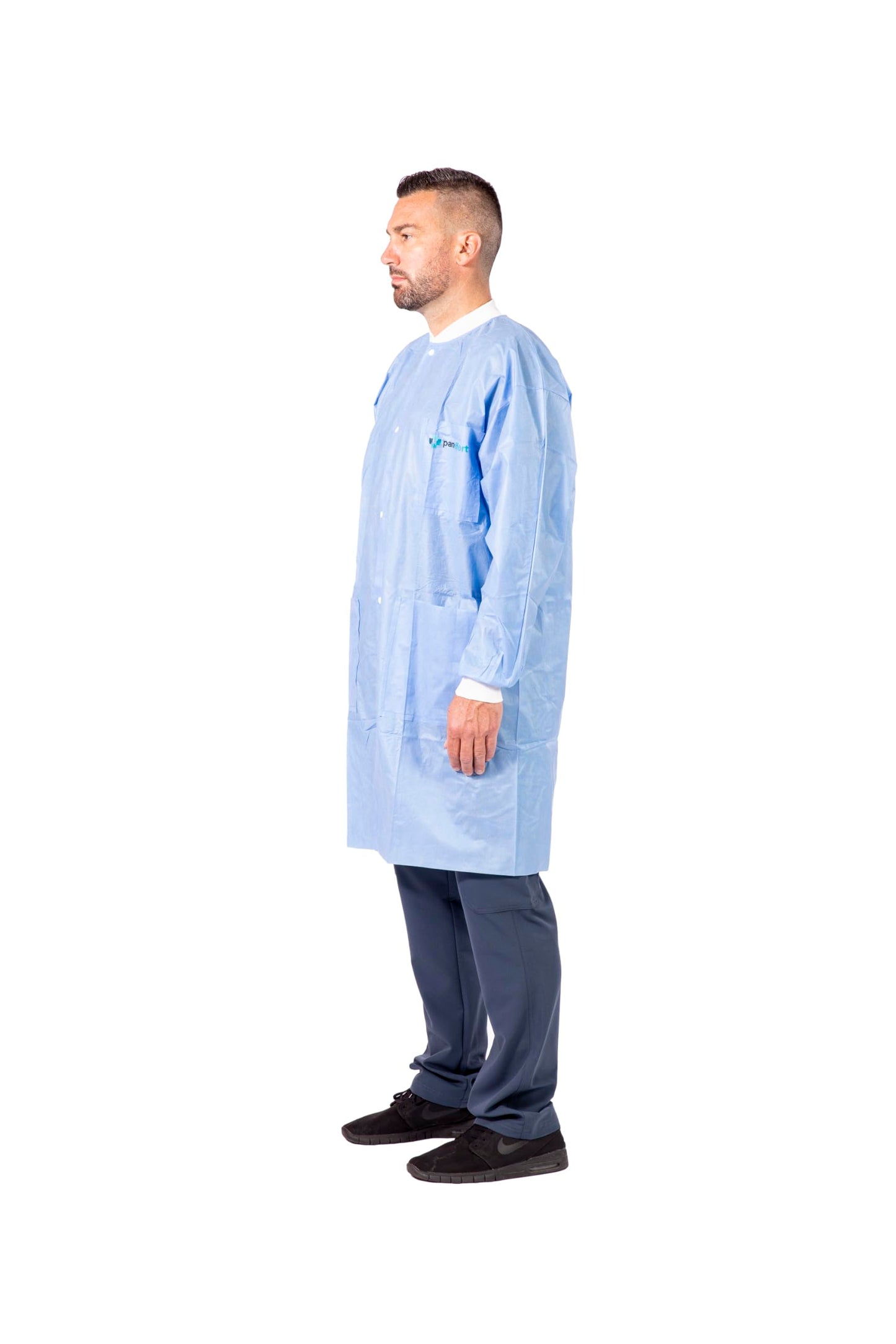 Paneffort Disposable Lab Coats | 100-Pack | Disposable, Large, Soft Blue SMS, Long Sleeves with Knit Cuffs, Front Snap Buttons, and Fluid Resistant | Commercial, Medical, Dental, Lab, & Hospital Use