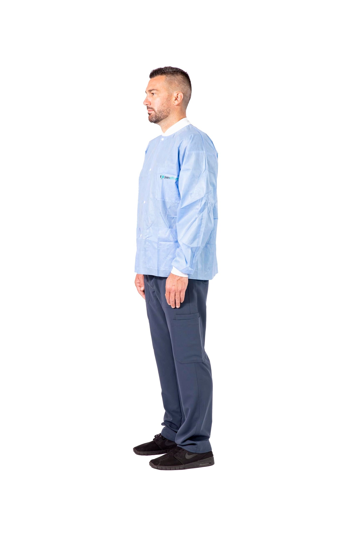 Paneffort Disposable Lab Jacket Snap Front Buttons Knit Cuffs & Collar Blue (Case of 100)