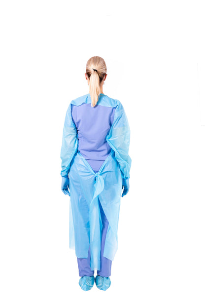 Disposable Lightweight Gown Blue Universal Size Polyethylene Long Sleeve Thumb Loops Long Sleeves 200 Pack