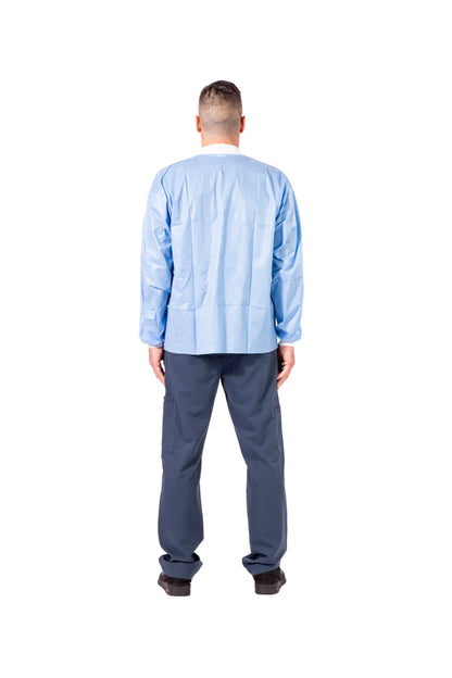 Paneffort Disposable Lab Jacket Snap Front Buttons Knit Cuffs & Collar Blue (Case of 100)