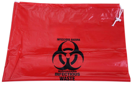 Heavyweight Commercial Garbage Can Liners with Drawstring | 100-Pack |40 Gallon Capacity | Red Bio-Hazard Print, 40" x 40"