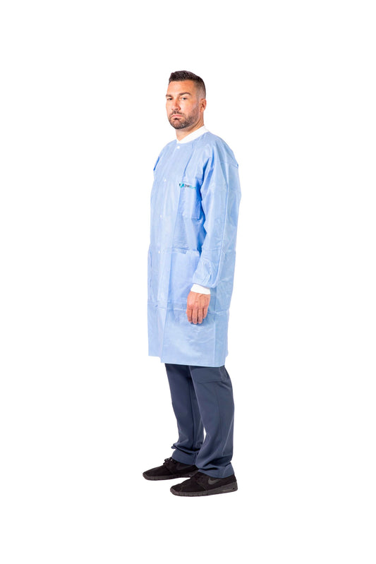 Paneffort Disposable Lab Coats | 100-Pack | Disposable, Large, Soft Blue SMS, Long Sleeves with Knit Cuffs, Front Snap Buttons, and Fluid Resistant | Commercial, Medical, Dental, Lab, & Hospital Use