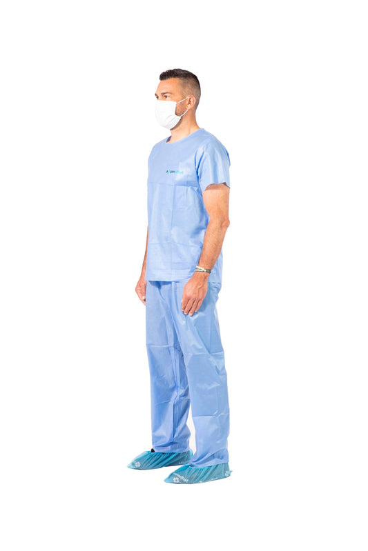 Disposable Scrub Sets Short Sleeve Scrub Shirt Elastic Waist Pant with Pockets Blue (Case of 100)