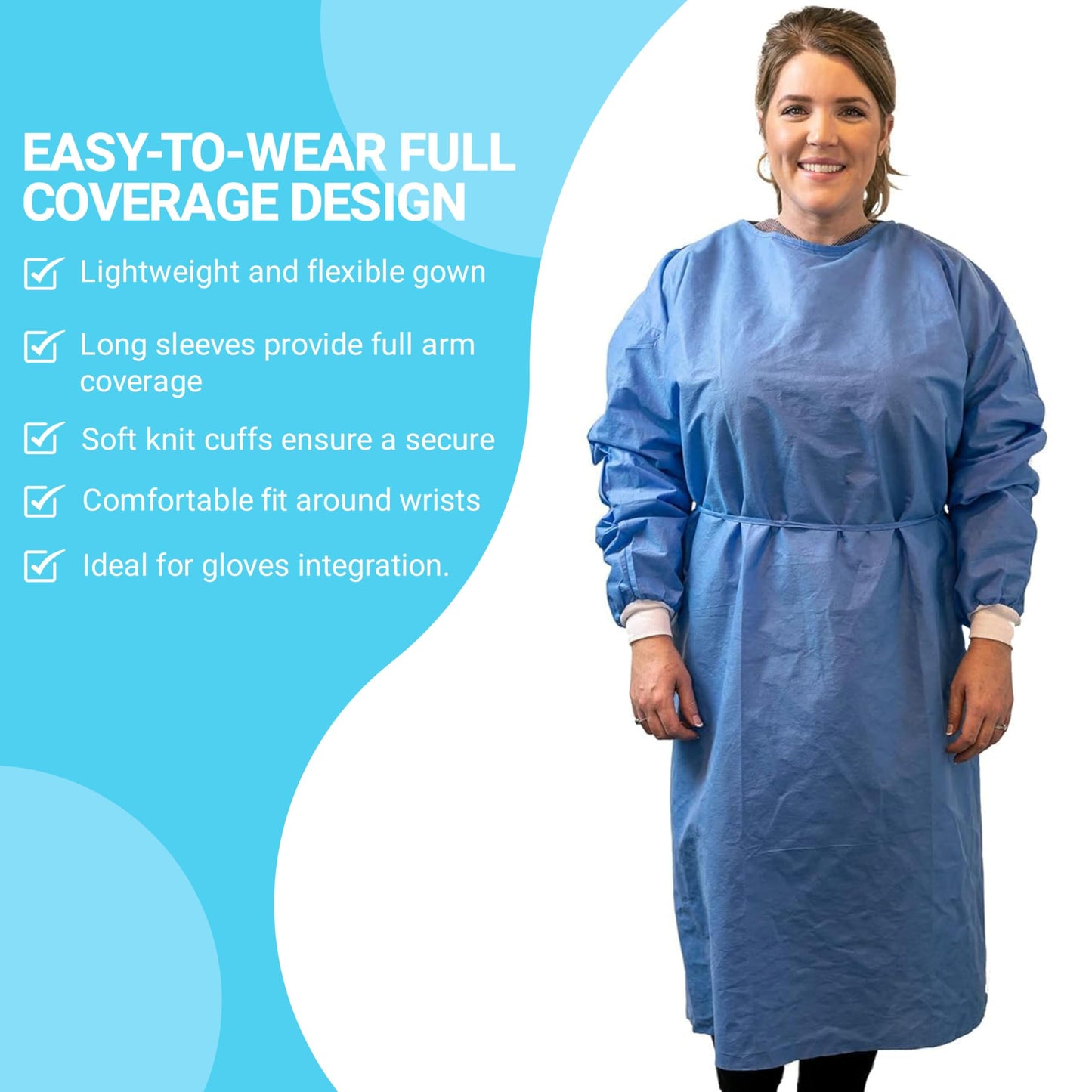 Paneffort Isolation Gowns | 100-Pack | Disposable, Large, Blue SMS, Long Sleeves with Knit Cuffs, Waist & Neck Ties | Residential, Commercial, Medical, Dental, Lab, & Hospital Use
