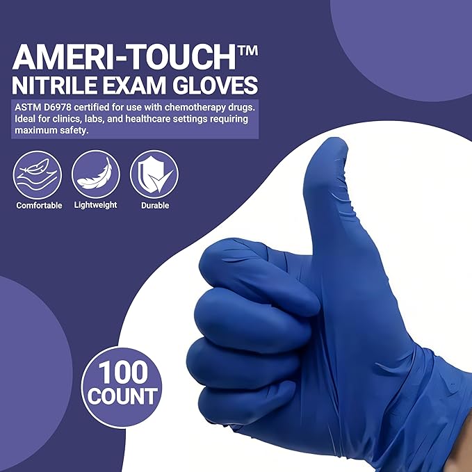 SafeSource Direct Ameri-Touch™ Nitrile Exam Gloves | 100-Box | Made in USA, Powder-Free, Chemo-Rated, Disposable