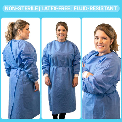 Paneffort Isolation Gowns | 100-Pack | Disposable, Large, Blue SMS, Long Sleeves with Knit Cuffs, Waist & Neck Ties | Residential, Commercial, Medical, Dental, Lab, & Hospital Use