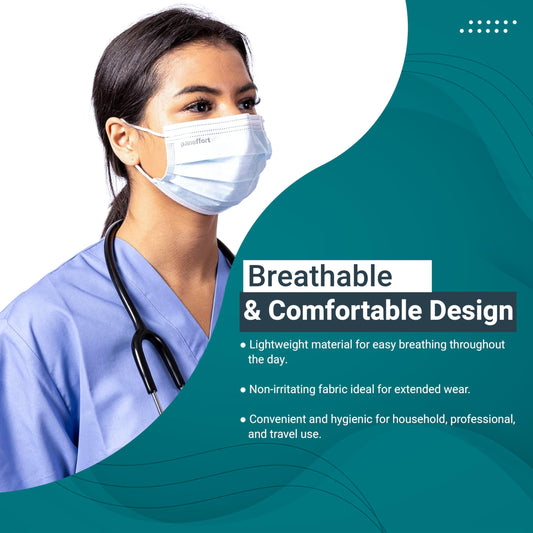 Paneffort Premium Disposable Face Masks, Comfortable 3-Ply Protection with Adjustable Nose Piece, Breathable, Soft, Ideal for Medical, Office, Travel, and Daily Use, One Size Fits Most, Blue