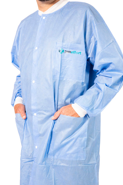 Paneffort Disposable Lab Coats | 100-Pack | Disposable, Large, Soft Blue SMS, Long Sleeves with Knit Cuffs, Front Snap Buttons, and Fluid Resistant | Commercial, Medical, Dental, Lab, & Hospital Use