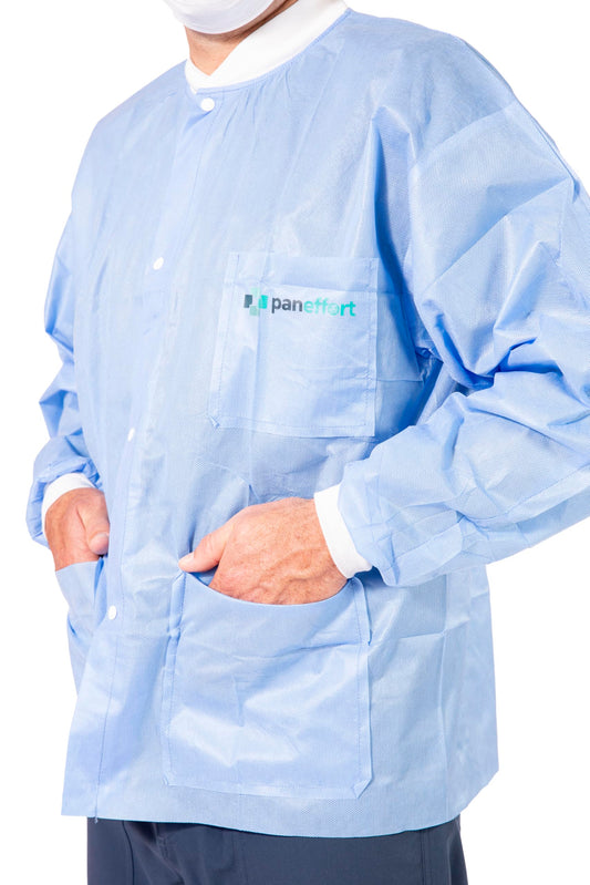 Paneffort Disposable Lab Jacket Snap Front Buttons Knit Cuffs & Collar Blue (Case of 100)